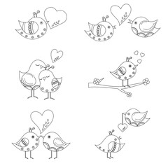 Collection of outline of cartoon birds in love. Valentine's Day