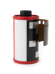 Nostalgic 35mm camera photo film canisters isolated on white background