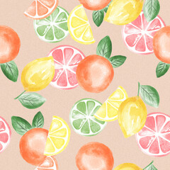 Lemon, lime, orange, grapefruit. Seamless pattern with hand drawn digital illustrations with citrus theme 