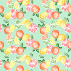 Fototapeta na wymiar Citrus fruits - lemon, orange, grapefruit. Seamless pattern with digital hand drawn illustration 