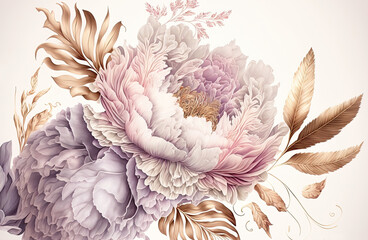 Luxury peonies in pale pink and mauve with slight gold touches, delicate winter pastel colors for your lavish floral greetings, illustration, generative art