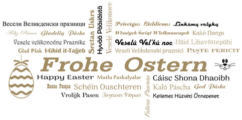 Frohe Ostern in Deutsch. Kalligrafischer Gruß Vektor in allen Sprachen der Europäischen Union in schwarz und gold. Mit Osterei und Osterhase. Weißer Hintergrund.