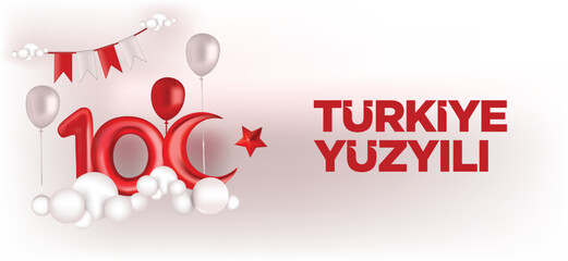 Happy 100th Anniversary of the Republic of Turkey with firework rocket flag, confetti, copy space text, balloon lettering, 3d illustration. Translate: Türkiye Cumhuriyeti'nin 100. Yılı (Yüzyılı).