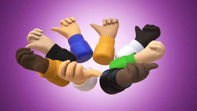 3D animation of a cartoon hand with four fingers that  Like Success emoji against different colorful backgrounds. Thumbs up hand animation.