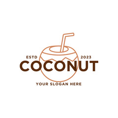 Coconut water drink logo design. Resort logo with beach and coconut palms view in coconut drink
