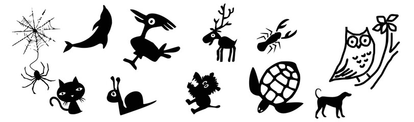 A set of different animals and birds. Black colored hand drawn set of several animals. Cartoon animal sets.