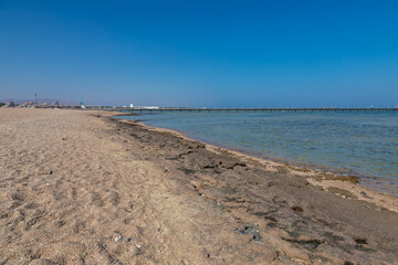 Beautiful sea coast. Sunny summer day. Crystal clear water. Colorful sea landscape. Clear water.