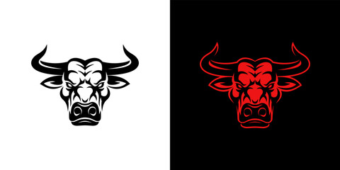Bull head logo on white and black background vector template. Stylized buffalo mascot design. Animals silhouette illustration.