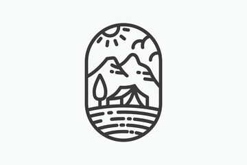 camping logo with a combination of tent, tree, mountains and sun.