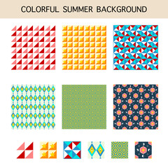 set of simple abstract geometric shapes patterns seamless in warm colors tone for hot summer background