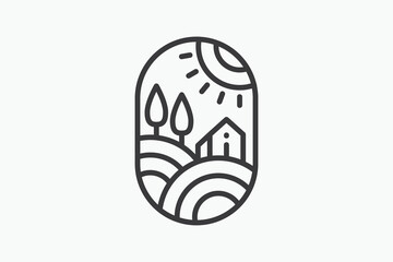 line art farming logo with a combination of barn, fields, trees and sun.