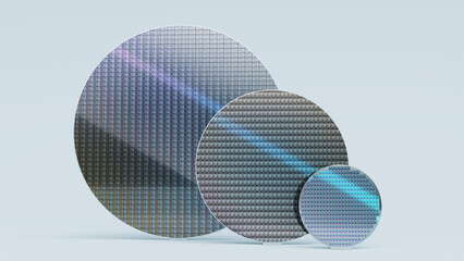 Set of Three Silicon Wafers of Different Sizes, 300mm, 200mm and 100mm, on White Background