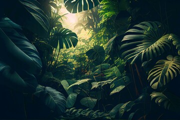 Intricate beauty of rainforest, jungla, tropical forest with big monstera leaves, stunning green horizontal background #1, warm lights, key visual, generative ai