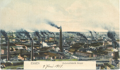 Historische Industriekulisse in Essen; Kruppsche Gußstahlfabrik 1908 (original gelaufene Postkarte)