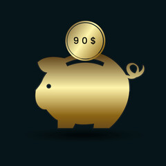 90 USD gold coin put in golden piggy bank, saving money concept vector illustration design.