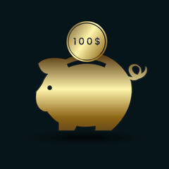 100 USD gold coin put in golden piggy bank, saving money concept vector illustration design.