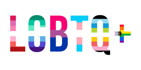 LGBTQ+ word banner illustration isolated. Typography with L Lesbian flag, G Gay Pride flag, B Bisexual flag, T Transgender community pride, Q Queer. Gay parade symbol