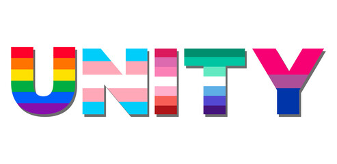 UNITY word with pride flags. LGBT pride banner. Typographic illustration for gay community