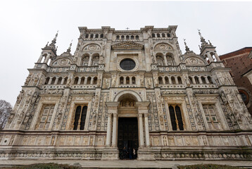 Fototapeta premium PAVIA, ITALY, DECEMBER 28, 2022 - View of Certosa of Pavia, Monastery of Santa Maria delle Grazie, the historical monumental complex including a monastery and a sanctuary, near Pavia, Lombardy, Italy