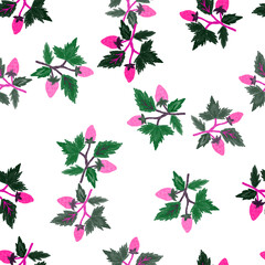 Freehand wild strawberry branch seamless pattern. Hand drawn wild berries floral wallpaper. Strawberry plant endless backdrop.