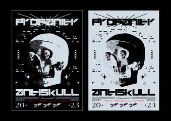 Retro futuristic poster with human skull. Abstract print with noise, for streetwear, print for t-shirts and sweatshirts on a black background