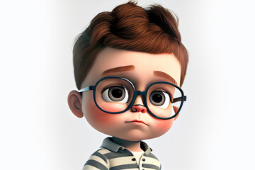 Little boy with big eyes wearing glasses in cartoon style. Children's character, emotions, facial expressions. Gen Art
