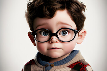 Little boy with big eyes wearing glasses in cartoon style. Children's character, emotions, facial expressions. Gen Art