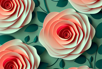 Pink roses with green leaves background image created with Generative AI technology.