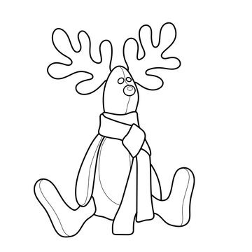 Deer toy with a scarf. Black and white vector image. Coloring.