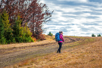 Tourist with backpack hiking in autumn mountains