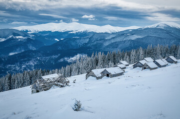 Fototapeta na wymiar Winter in Carpathian mountains. Abandoned log cabins on the snow