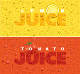 juice background with lemon slice, tomato and with many juice drops 