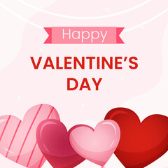 Vector square template greeting card for Valentines day. Heart shaped balloons on pink background illustration. Flyer for celebrate event and social media