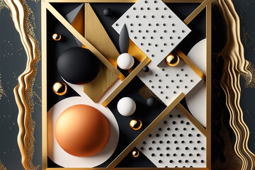 Gold, black and white geometric shapes, abstract background. Photo zone, podium, wallpaper. Gen Art
