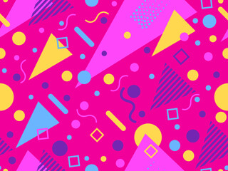 Seamless pattern with geometric shapes in 80s memphis style. Colorful geometric pattern. Design for promotional products, wrapping paper, brochures and printing. Vector illustration