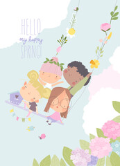 Happy Kids flying on a Swing in Spring Park