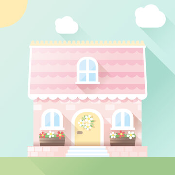 Illustration d'une maison de poupée de couleur rose, vecteur éditable, style enfantin et doux, jouet pour enfant, petite habitation en bois dans une monde imaginaire