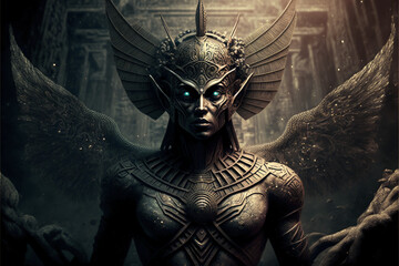 Anunnaki, Sumerian, Assyrian or Akkadian deities. Mythological alien extraterrestrial beings. Generative AI.