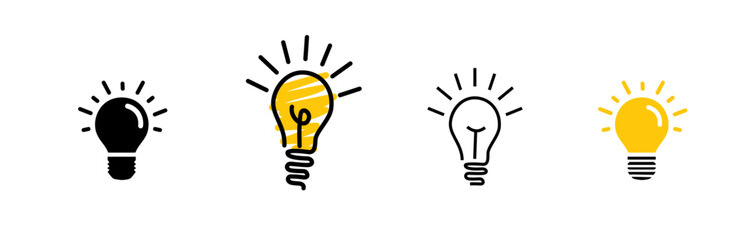 Linear Glowing light bulb on white background. Set icon in Doodle style.