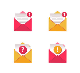 New Message icons set. Open mail paper envelope, exclamation and question mark.
