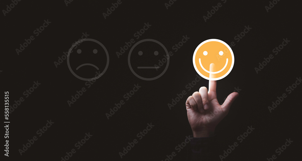 Poster Hand touching to select smiley face icon for client evaluation and customer satisfaction after use product and service concept.