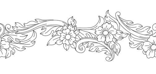 Decorative floral seamless pattern in baroque style. Black curling plant.