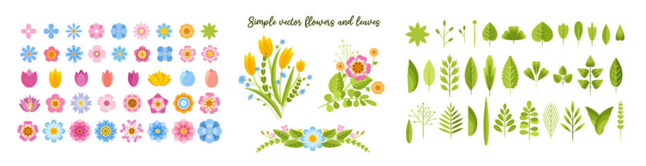 Simple vector flowers and leaves. Big collection of different florals in flat style. Set brushes. Spring art print with cute plant elements. Icons isolated on white background