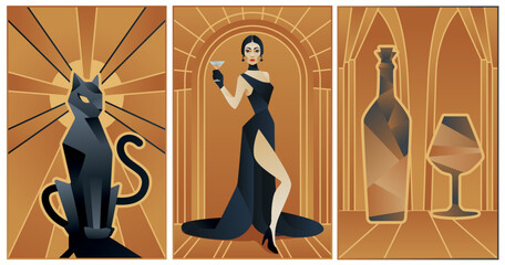art deco illustrations of cat, bottle of wine and fashion lady