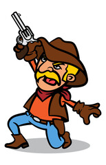 Cartoon illustration of Old man Sheriff wearing cowboy outfit, shooting a gangster with revolver gun. Best for sticker, logo, and mascot with wild west themes