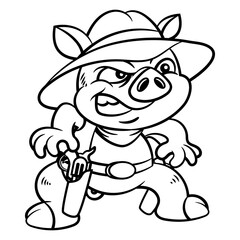 Cartoon illustration of Funny Piglet wearing cowboy outfit, get ready to duel with revolver. best for outline, logo, and coloring book with western cowboy themes for kids