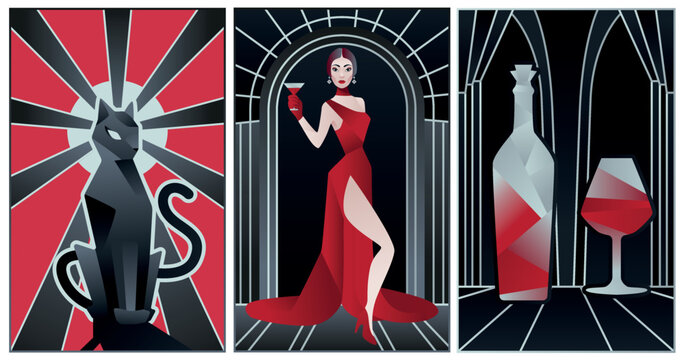 art deco illustrations of cat, bottle of wine and fashion lady	