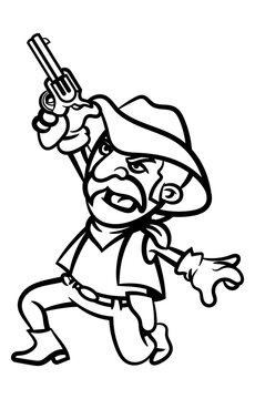 Cartoon illustration of Old man Sheriff wearing cowboy outfit, shooting a gangster with revolver gun. Best for outline, logo, and coloring book with wild west themes for kids