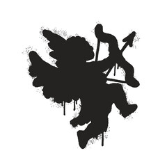 Angel Cupid silhouette with bow and arrow aiming up. Spray urban graffiti style. Vector illustration.  St. Valentine's Day.
