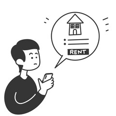 hand drawn doodle Hand holding mobile smart phone with rent home app illustration